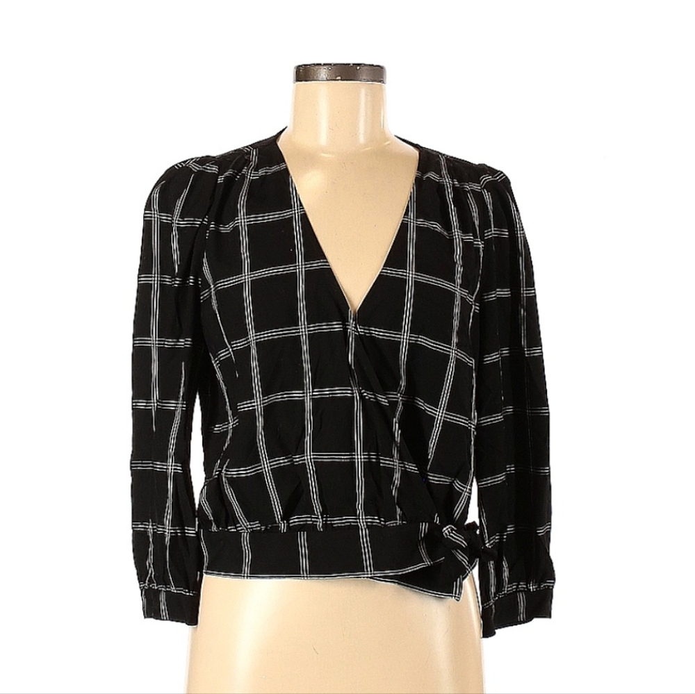 Madewell Black and White Plaid Wrap Top